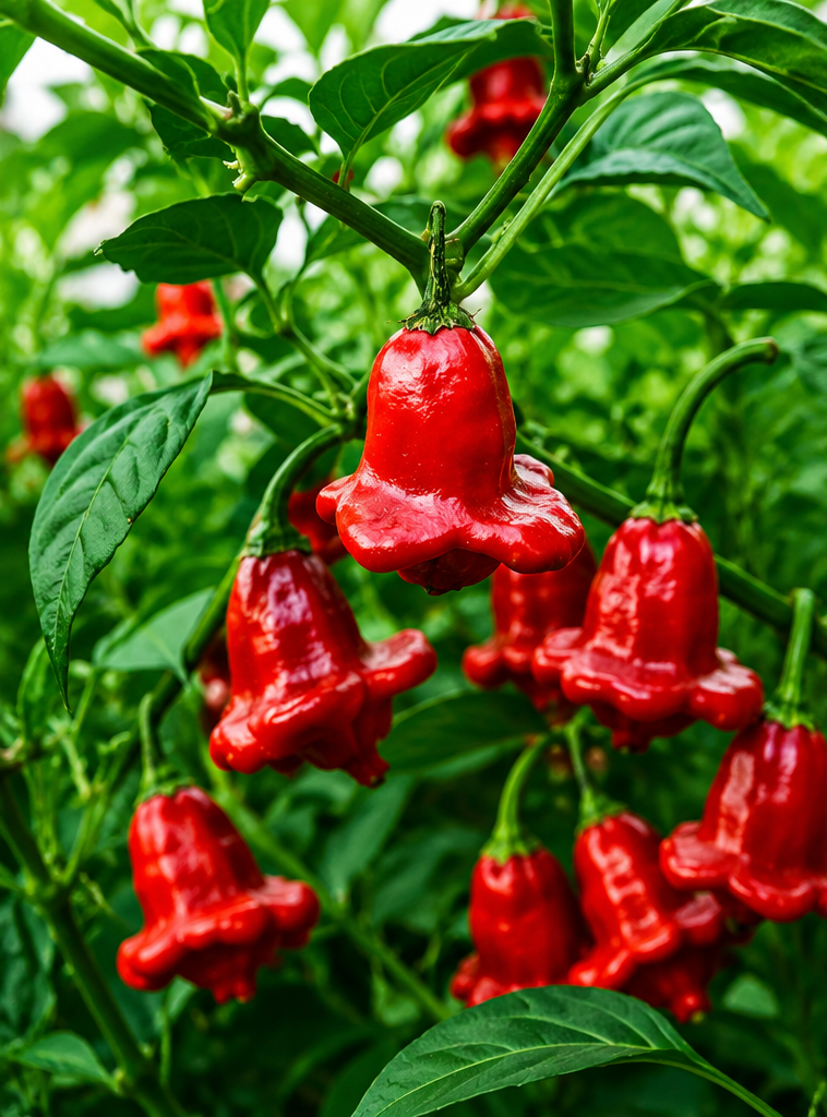Bright red Bishop’s Crown chilli peppers harvested fresh